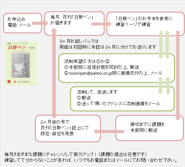 月刊日新ペン・３ヶ月お試しパックをご購入の方　１、お申込・郵便振替　２、毎月月刊日新ペンが届きます　３、お手本を参考に練習ページで練習　４、締め切りまでに課題を本部へ郵送　５、２ヶ月後の号で月刊日新ペン誌上にて段位・級位を発表　２～５を繰り返す　毎月さまざまな課題にチャレンジして実力アップ！（課題の提出は任意です）